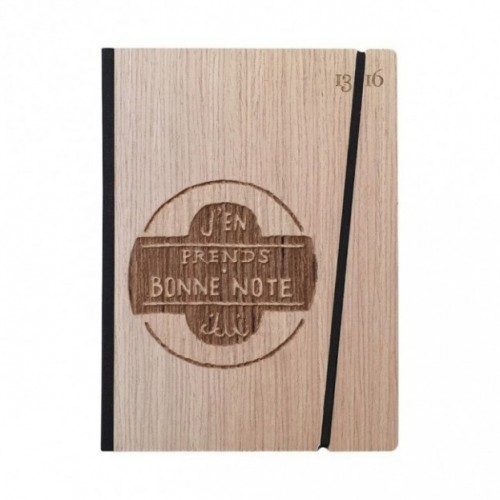 Cahier "J'en prends bonne note", couverture rigide en bois de frêne, format de poche LARGE, 16x21,15 cm